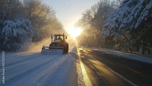 Tractor clearing snow-covered road at sunrise photo