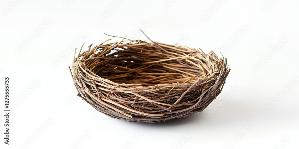 Natural woven twig nest on a minimalistic white background highlighting earthy brown tones and intricate texture details in a circular shape. Natural woven twig nest on a minimalistic white background highlighting earthy brown tones and intricate texture details in a circular shape.