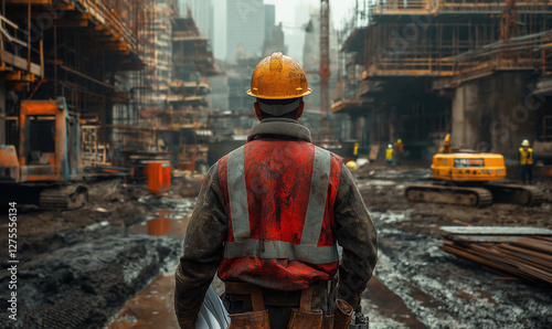 Worker in a helmet walks along the construction site.