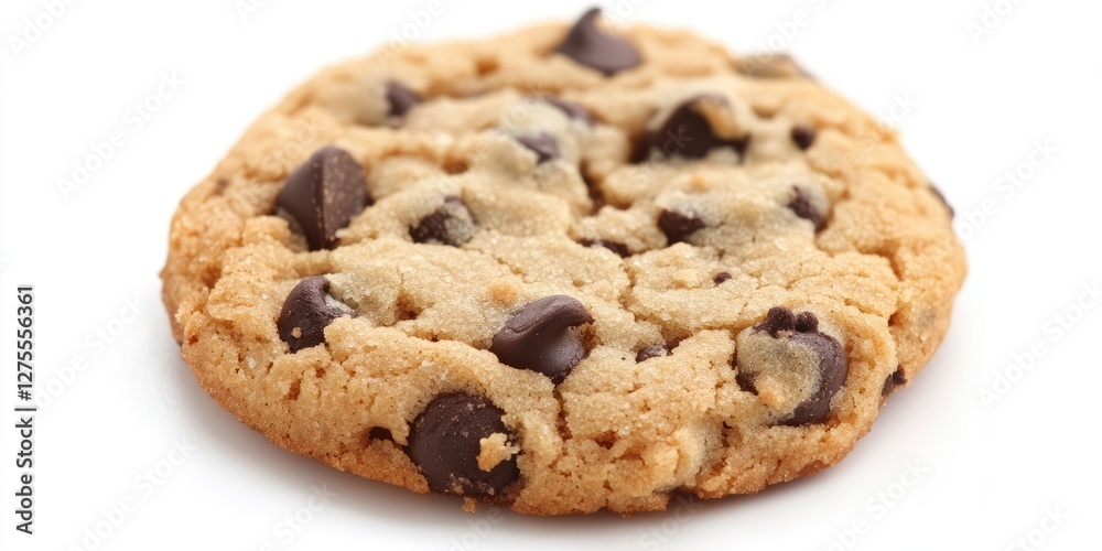 Golden brown chocolate chip cookie with semi-sweet chocolate chips arranged evenly on a white background highlighting its texture and color. Golden brown chocolate chip cookie with semi-sweet chocolate chips arranged evenly on a white background highlighting its texture and color.