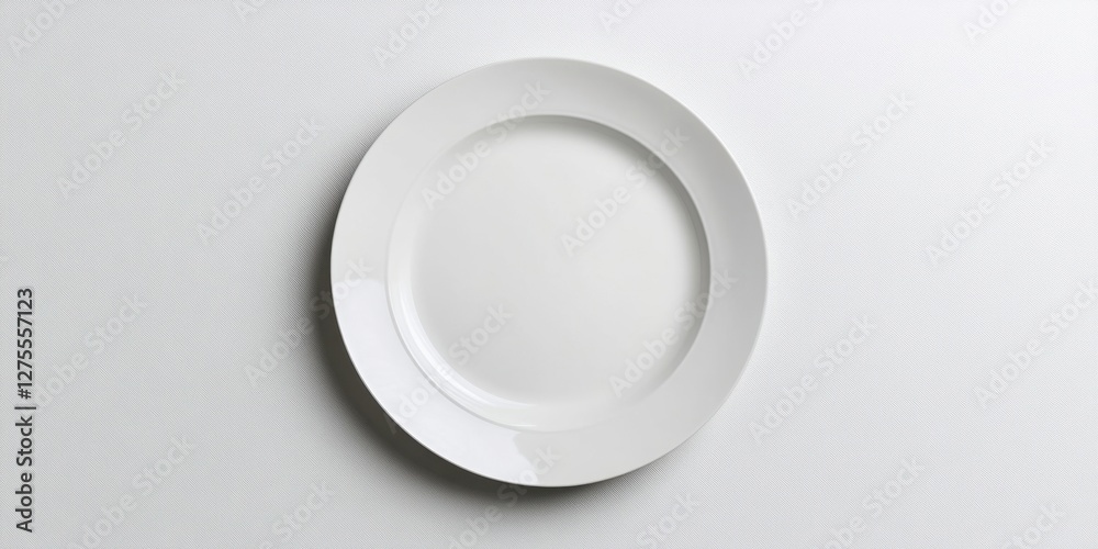 Minimalist white plate placed centrally on a smooth white background, capturing the essence of simplicity and purity in design, with soft shadows.