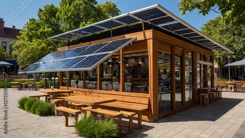Solar Powered Cafe with Outdoor Seating Area Featuring Wooden Structure Solar Panels and Tables Surrounded by Green Trees in an Urban Square