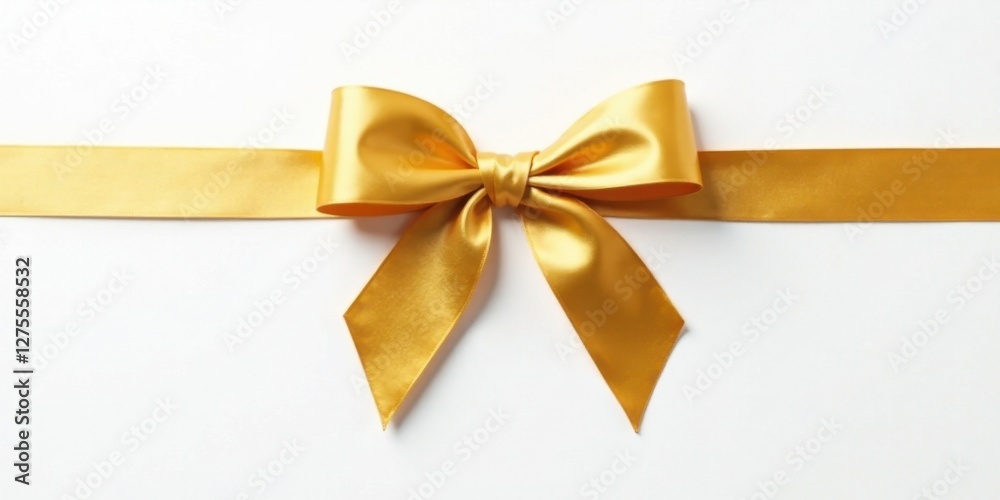 A lustrous golden ribbon tied in a perfect bow, elegantly displayed on a pristine white background, signifying celebration and gifting A lustrous golden ribbon tied in a perfect bow, elegantly displayed on a pristine white background, signifying celebration and gifting