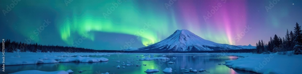 Fototapeta premium Mt Susitna under Aurora Borealis with snow and ice, Northern Lights, Mt Susitna, Ice