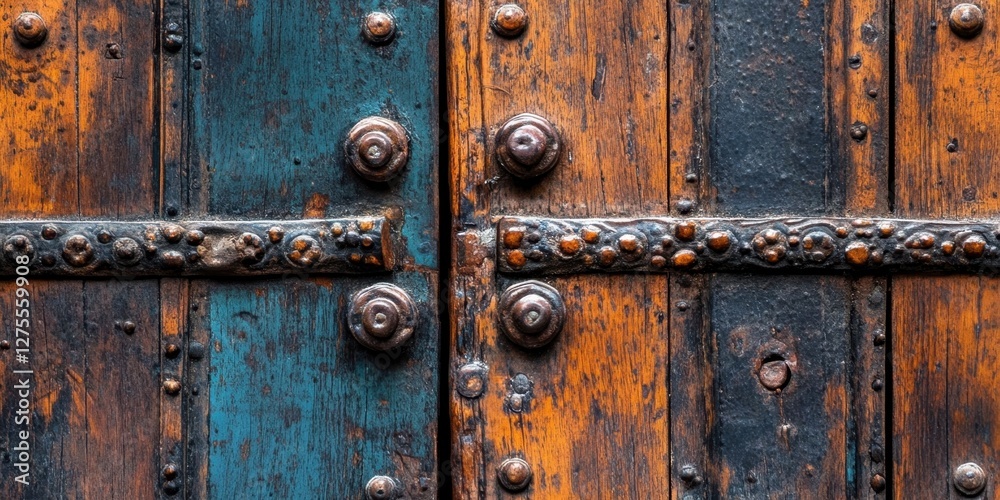Fototapeta premium Vintage wooden door with rich textures featuring aged blue and brown hues, intricate metal hardware, showcasing antique craftsmanship details.