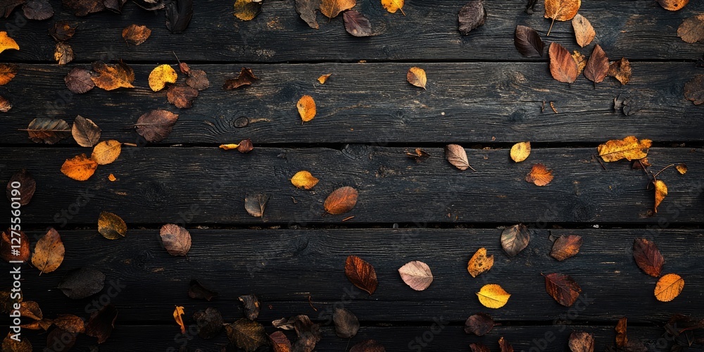 Naklejka premium Autumn leaves in vibrant orange yellow and brown scattered across a dark weathered wooden surface with visible knots and aged textures