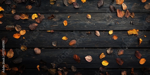 Autumn leaves in vibrant orange yellow and brown scattered across a dark weathered wooden surface with visible knots and aged textures