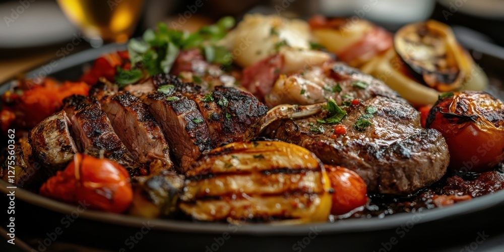 Grilled meat platter with assorted vegetables and fresh herbs on a black dish garnished with vibrant red tomatoes served in a warm ambiance Grilled meat platter with assorted vegetables and fresh herbs on a black dish garnished with vibrant red tomatoes served in a warm ambiance
