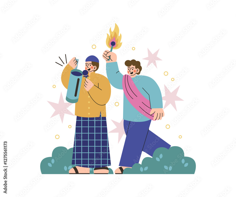 Naklejka premium Wake Up Call for Suhoor on Ramadan. Ramadan Activity Concept Ilustration.