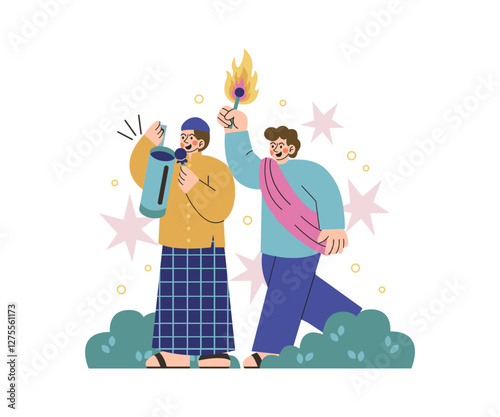 Wake Up Call for Suhoor on Ramadan. Ramadan Activity Concept Ilustration.