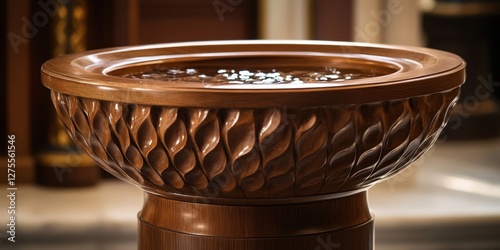 Elegant wooden baptismal font with intricate leaf carvings and a circular basin filled with water positioned centrally in a softly lit church interior.