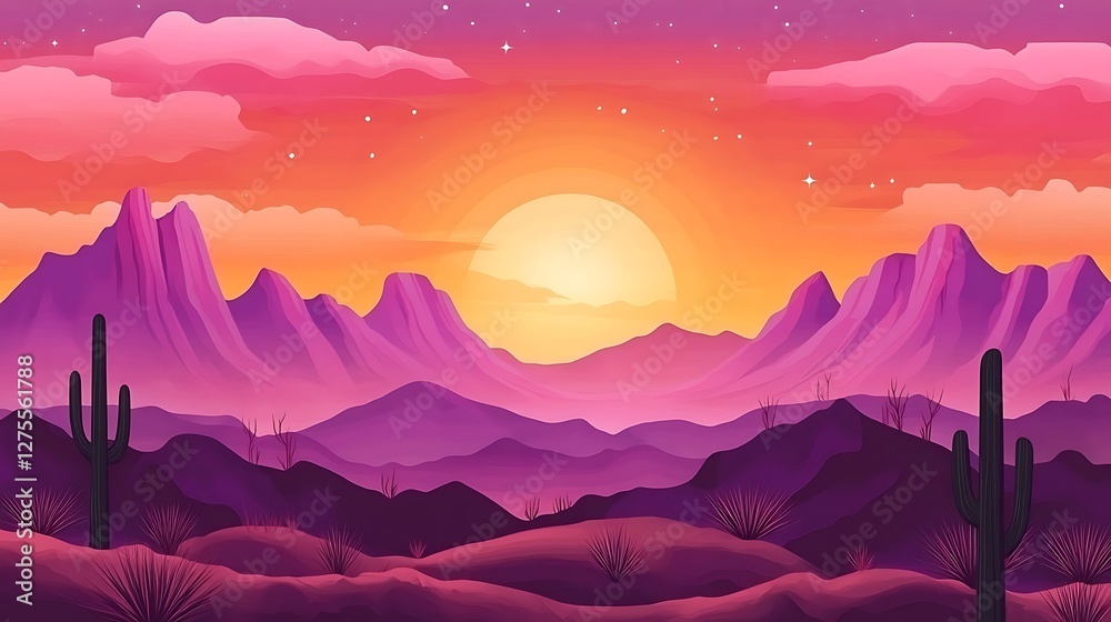 Purple Desert Sunset Landscape With Cacti Purple Desert Sunset Landscape With Cacti