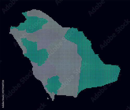 Saudi Arabia dotted map. Digital style map of the country on dark background. Saudi Arabia shape with square dots. Colored dots style. Small size squares. Stylish vector illustration.