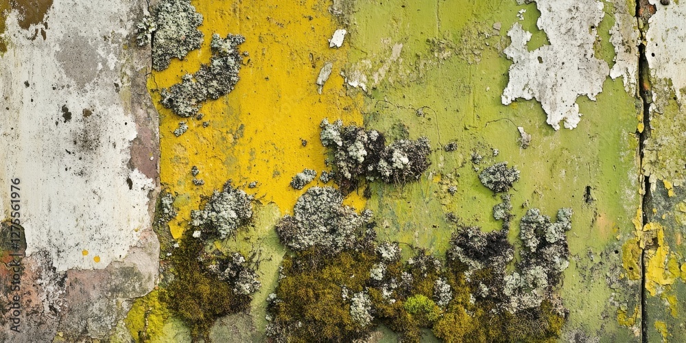 Realistic wall texture featuring green and yellow mold spots, moss, damaged paint layers, and abstract grunge strokes on a weathered surface. Realistic wall texture featuring green and yellow mold spots, moss, damaged paint layers, and abstract grunge strokes on a weathered surface.