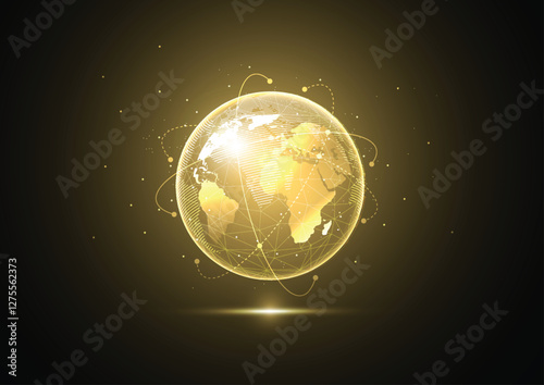 Abstract global network connection on gold background. World map point and line composition concept of global business