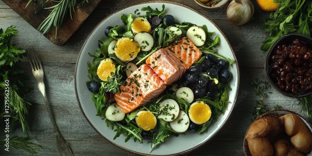 Freshly grilled salmon fillet on a bed of arugula with boiled eggs and blueberries, garnished with herbs, arranged on a rustic wooden table. Freshly grilled salmon fillet on a bed of arugula with boiled eggs and blueberries, garnished with herbs, arranged on a rustic wooden table.