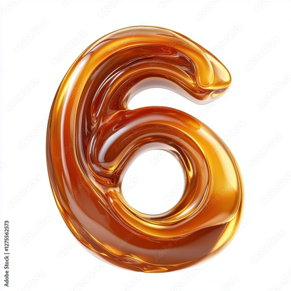 Number 6 made of glossy melted caramel with a rich golden hue isolated on a clean white background Number 6 made of glossy melted caramel with a rich golden hue isolated on a clean white background