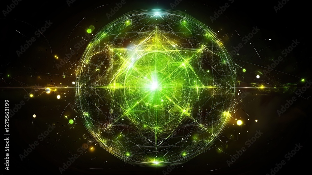 Glowing green sphere energy nexus, cosmic background, digital art