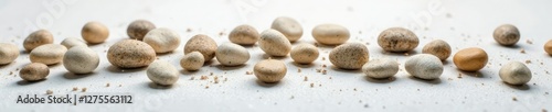 Pebbles scattered across a white linen surface in a haphazard manner, eclectic, natural