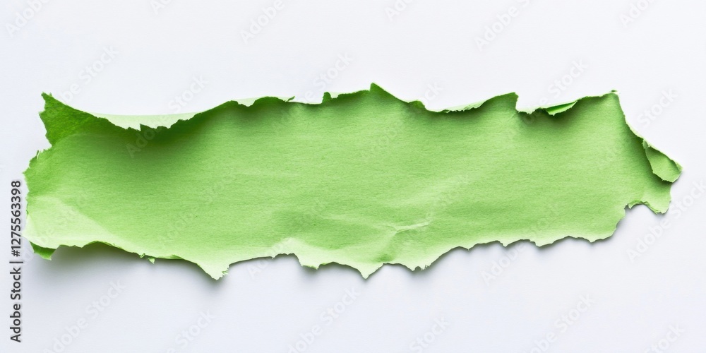 Fototapeta premium Ripped green paper strip positioned horizontally against a clean white background showcasing textured edges and vibrant color contrast.
