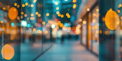 Shopping mall interior with blurred glass reflections featuring warm shimmering bokeh lights in soft focus, vibrant colors in the background.