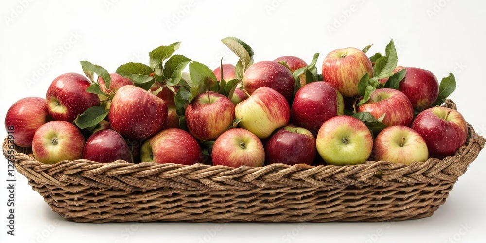 Basket filled with red and green apples surrounded by green leaves in a brown woven basket positioned centrally against a white background Basket filled with red and green apples surrounded by green leaves in a brown woven basket positioned centrally against a white background
