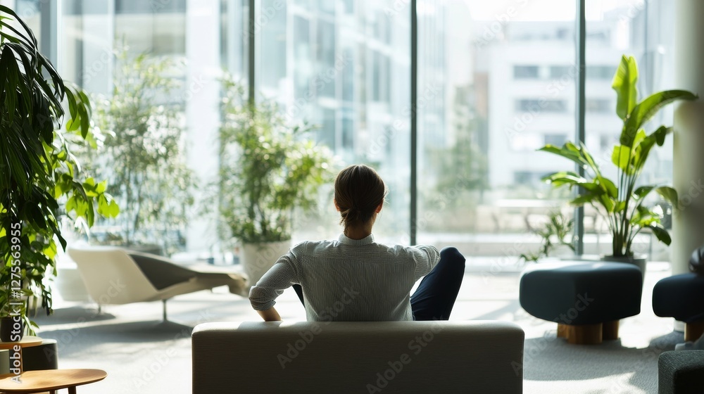 A corporate employee doing a shoulder stretch in a modern office lounge. Featuring focus and well-being