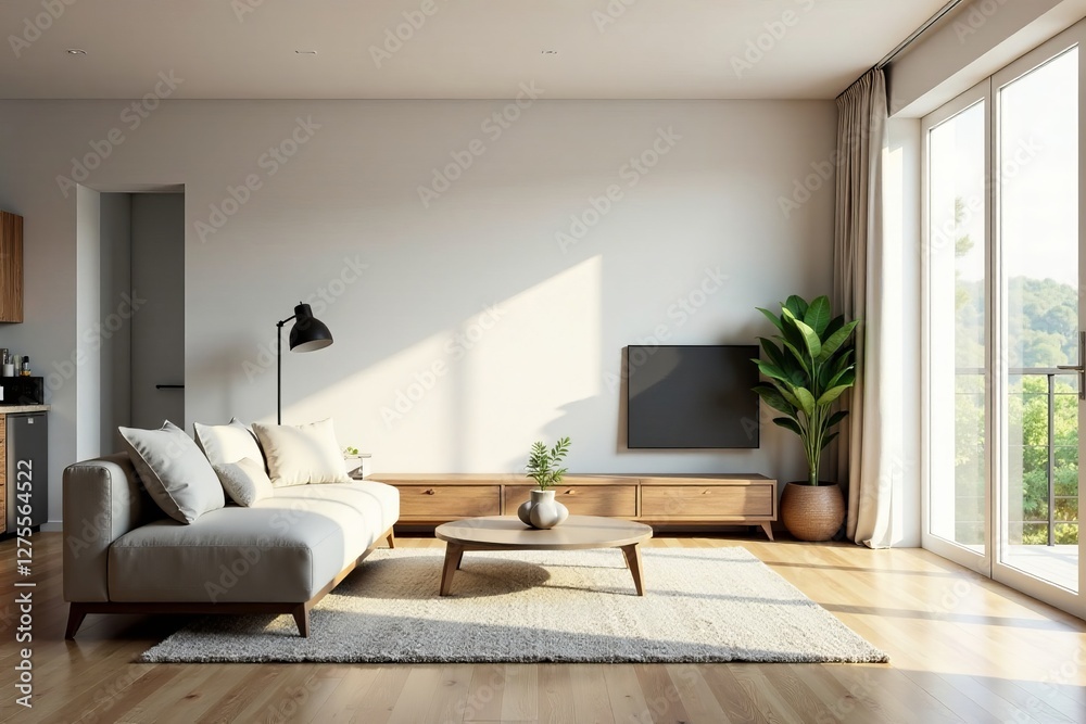 Spacious living room with modern furniture and natural light, interior, comfortable Spacious living room with modern furniture and natural light, interior, comfortable