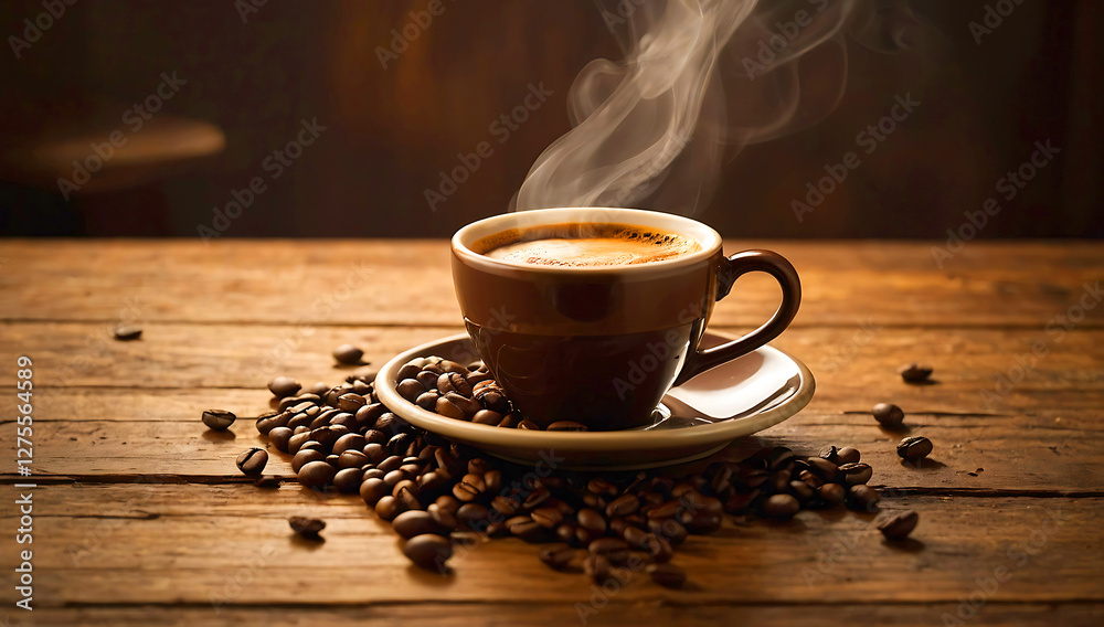 A steaming hot cup of coffee situated on a rustic wooden table, surrounded by a few scattered coffee beans and a subtle drizzle of coffee grounds A steaming hot cup of coffee situated on a rustic wooden table, surrounded by a few scattered coffee beans and a subtle drizzle of coffee grounds