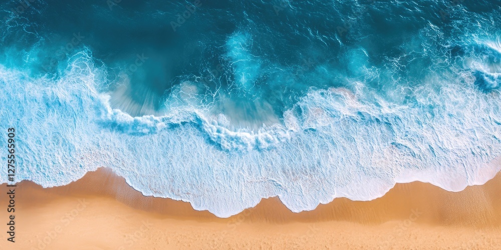 Fototapeta premium Aerial view of turquoise ocean waves crashing onto golden sandy beach creating a serene coastal landscape with vibrant light reflections above water.