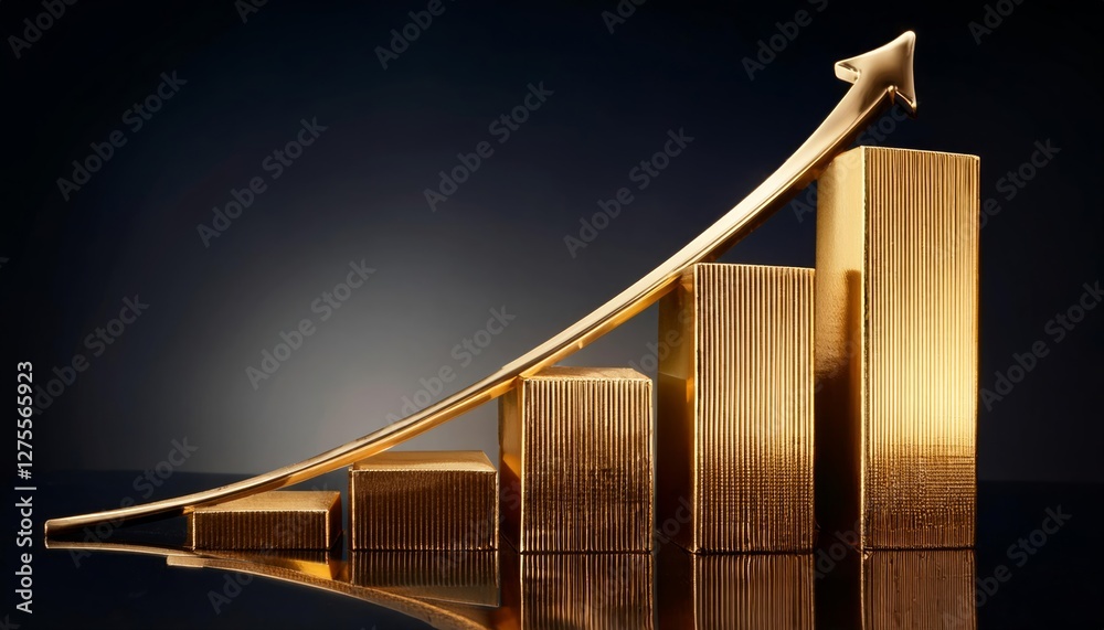 Obraz premium Golden bar chart with upward arrow showing growth.