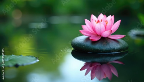 Reflection of a zen stone with a lotus pink flower in the calm surface of a pond, reflection, mirror, serene