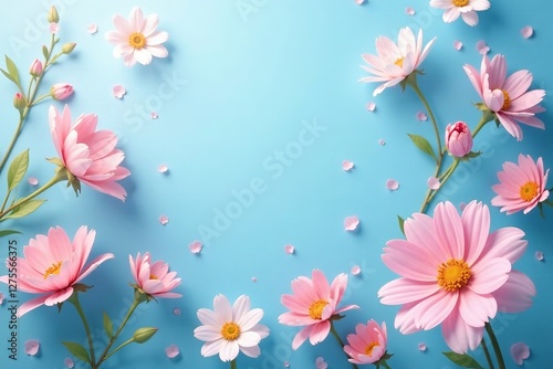 Soft pastel flowers floating on a dreamy blue backdrop, delicate, fantasy photo