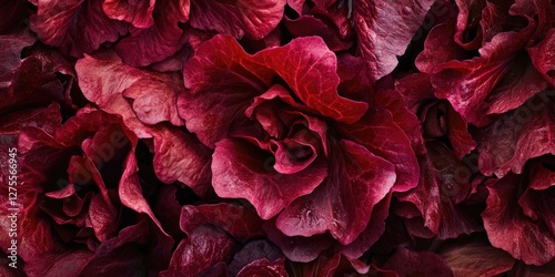 Vibrant red lettuce leaves layered intricately with deep maroon hues, showcasing rich textures and curves in a close-up composition.