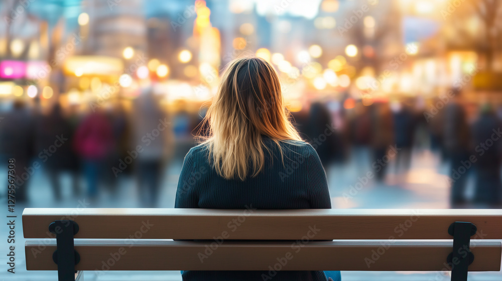 Isolated Woman Sitting on a Bench in Urban Setting, Struggling with Panic Attack Amidst Fast-Moving City Crowd isolated woman, panic attack in city, urban anxiety, mental health in Isolated Woman Sitting on a Bench in Urban Setting, Struggling with Panic Attack Amidst Fast-Moving City Crowd isolated woman, panic attack in city, urban anxiety, mental health in