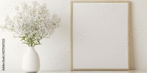 Elegant white background featuring a blank wooden frame on the right and a minimalist white vase filled with delicate white flowers on the left.