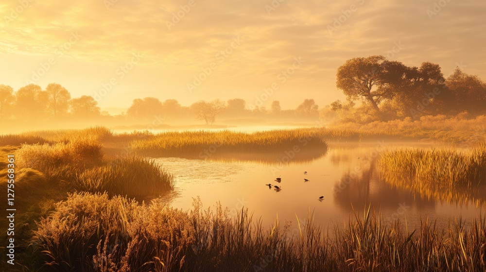 Golden Hour Marsh Landscape: A Serene Sunrise Scene Golden Hour Marsh Landscape: A Serene Sunrise Scene