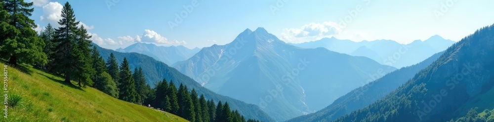 Serene mountain landscape with towering trees under a clear blue sky, serenity, natural wonders Serene mountain landscape with towering trees under a clear blue sky, serenity, natural wonders