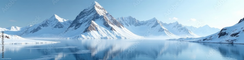 Obraz premium Serene mountain peak covered in fresh powder snow, natural, frozen lake