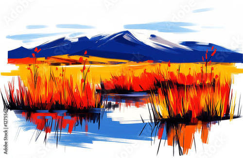 Expressive landscape painting with vibrant colors and wild grass