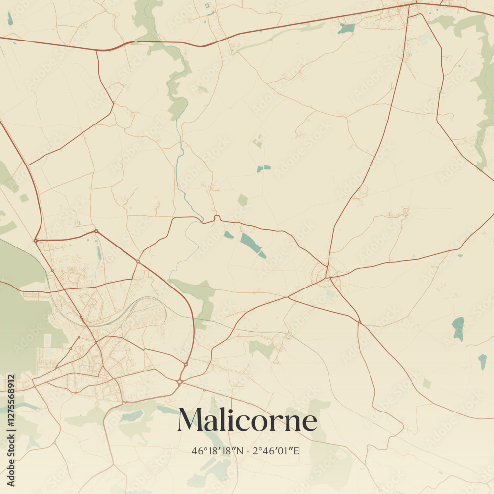 Fototapeta premium Vintage map of Malicorne, France.