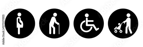Lift priority sign, label, logo, icon set. Elevator priority sign, priority queues for elderly, men and women with stroller baby, disabled wheelchair, pregnant woman, walking stick. Vector illustrator