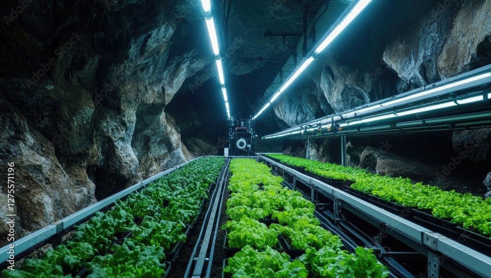 Fototapeta premium Underground hydroponic lettuce farm, growing greens in a cave