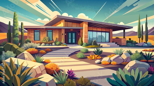 A modern ranch boasting a front yard with an artistic xeriscape design that is drought-resistant, showcasing native plants and creative stone