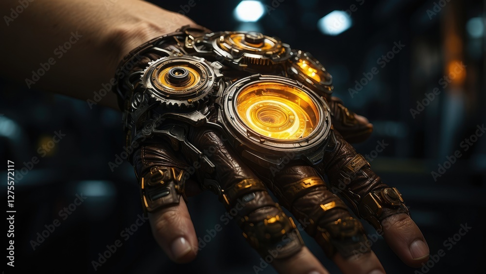 Fototapeta premium Close-up of a hand holding a glowing gear in a dimly lit workshop