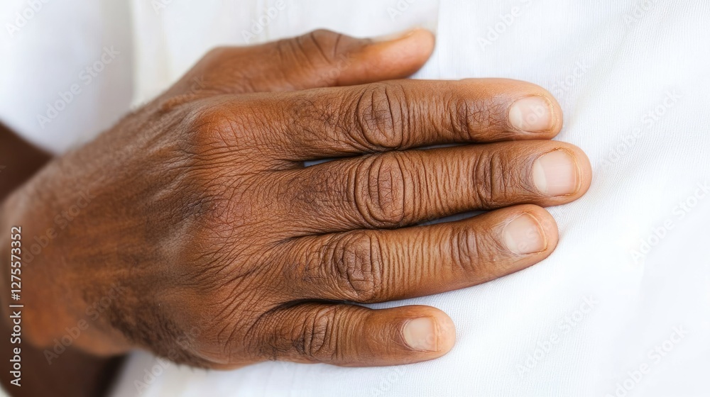 Fototapeta premium Close-Up of a Hand Placing on Heart in a Gentle Gesture of Care