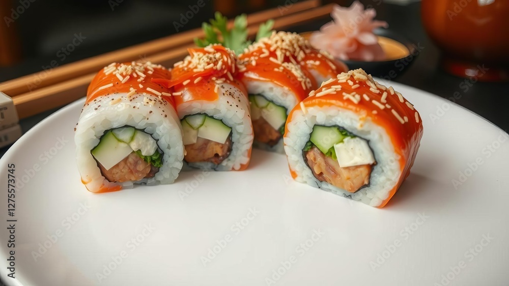 Sushi roll with takuan on a white plate, traditional Japanese maki with delicious pieces, restaurant menu copy space, restaurant, delicious Sushi roll with takuan on a white plate, traditional Japanese maki with delicious pieces, restaurant menu copy space, restaurant, delicious