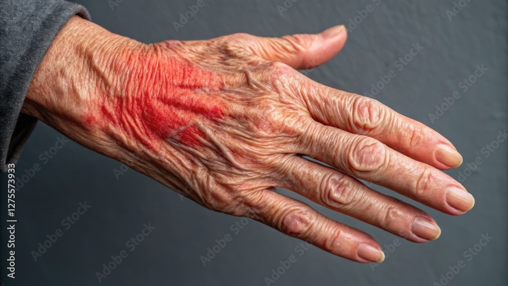 Fototapeta premium Biological age and inflammation concept. A close-up of an aged, wrinkled hand with visible veins and a red mark, set against a neutral background, emphasizing the signs of aging.