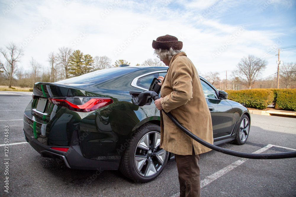 A well dressed older woman plugs in her electric vehicle A well dressed older woman plugs in her electric vehicle