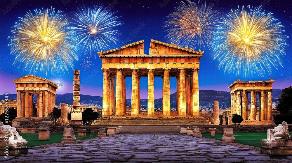 Fototapeta premium Athens Temple Fireworks New Year Celebration